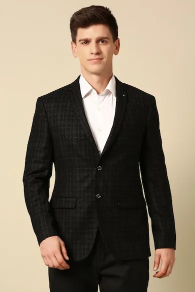Men Black Slim Fit Check Formal Blazer